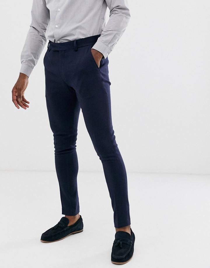 Asos Design Wedding Super Skinny Suit Pants In Navy Herringbone - Navy