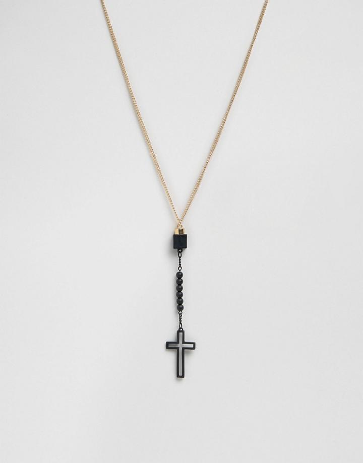 Asos Cross Necklace In Black And Gold - Black