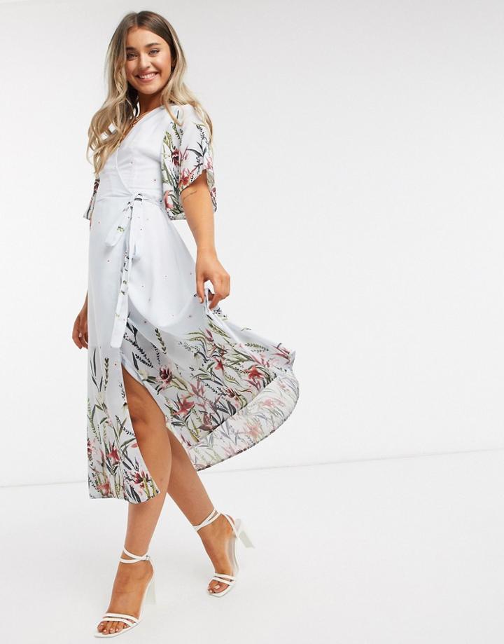 Liquorish Wrap Midi Dress In Blue Floral Print