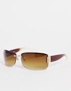 Asos Design 90s Wrap Rimless Sunglasses In Grad Brown-gold