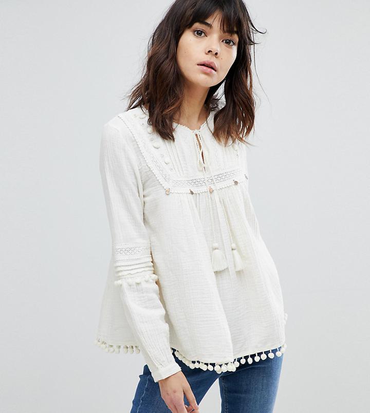 River Island Pom Pom Balloon Sleeve Detail Top - Cream