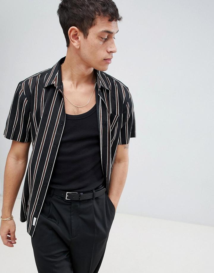 Bellfield Short Sleeve Shirt With Vertical Stripe - Black