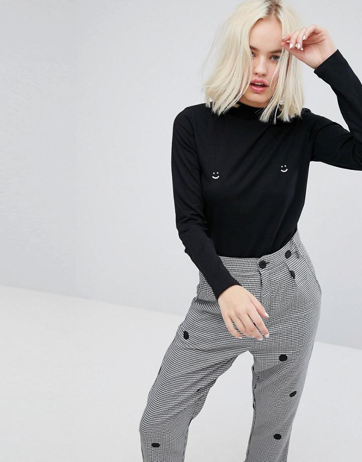 Lazy Oaf Long Sleeve Fitted T-shirt With Happy Print - Black