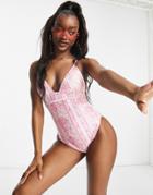 Asos Design Stitch Detail Tie Back Swimsuit In Stripe Floral Print-multi
