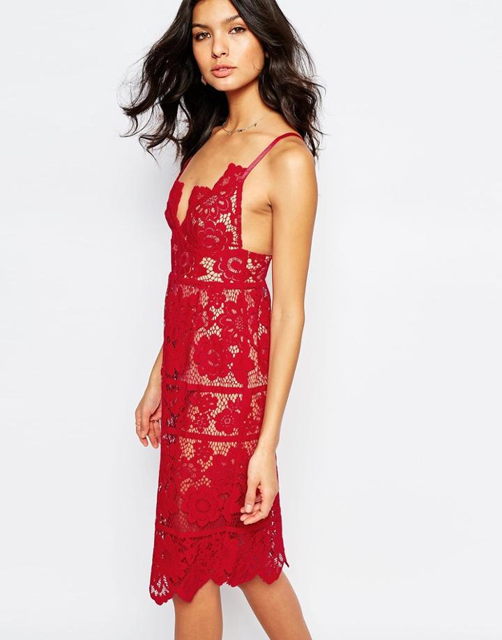 For Love And Lemons Gianna Midi Dress In Red Lace - Hot Red
