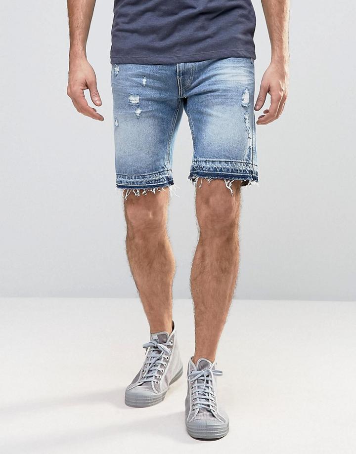 Replay Denim Short Slim Fit Light Rip And Repair Raw Hem - Blue