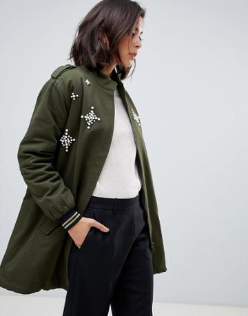 Zibi London Parka Jacket With Embellished Star Detail - Green