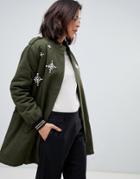 Zibi London Parka Jacket With Embellished Star Detail - Green
