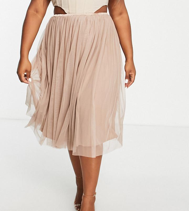 Lace & Beads Plus Tulle Midi Skirt In Taupe-neutral