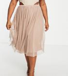 Lace & Beads Plus Tulle Midi Skirt In Taupe-neutral