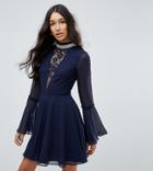 Asos Tall Embellished Frill Neck Fluted Sleeve Mini Dress - Gray