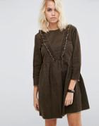 Asos Cord Smock Dress With Ruffle Detail In Forest Green - Green