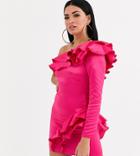 Flounce London One Shoulder Frill Satin Mini Dress In Fuchsia-pink