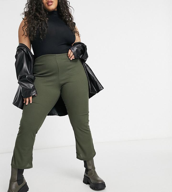 Yours Ribbed Pants In Khaki-green