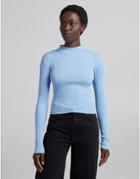 Bershka Ribbed High Neck Neck Sweater In Blue-blues