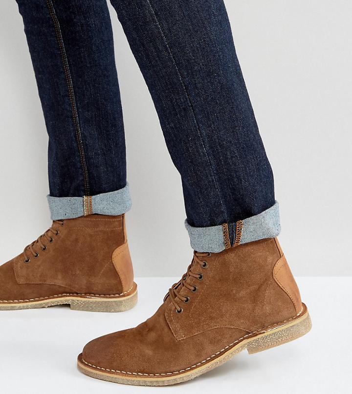 Asos Wide Fit Desert Boots In Tan Suede With Leather Detail