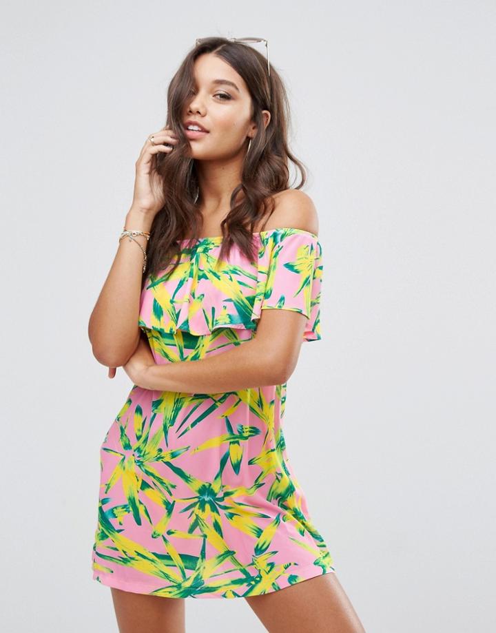 Prettylittlething Tropical Print Bardot Swing Dress - Multi