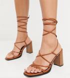 Asos Design Wide Fit Waterlily Tie Leg Mid Heeled Sandals In Tan-brown