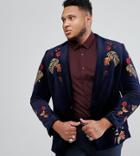 Asos Plus Skinny Blazer In Navy Velvet With Embroidery - Navy