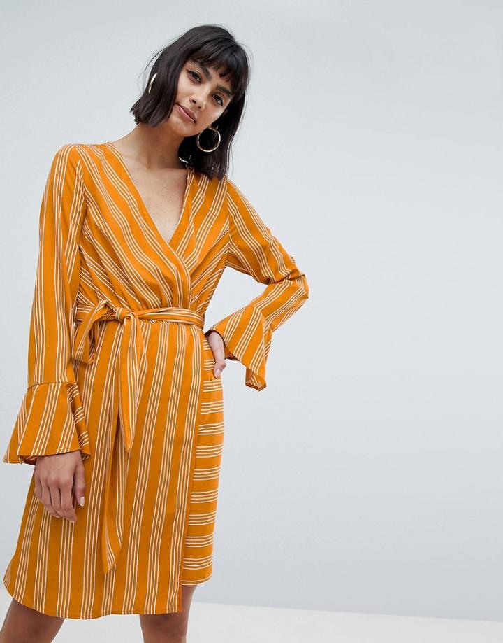 Vero Moda Stripe Tie Wrap Midi Dress In Yellow