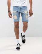Asos Denim Shorts In Slim Mid Wash Vintage Blue With Heavy Rips - Blue