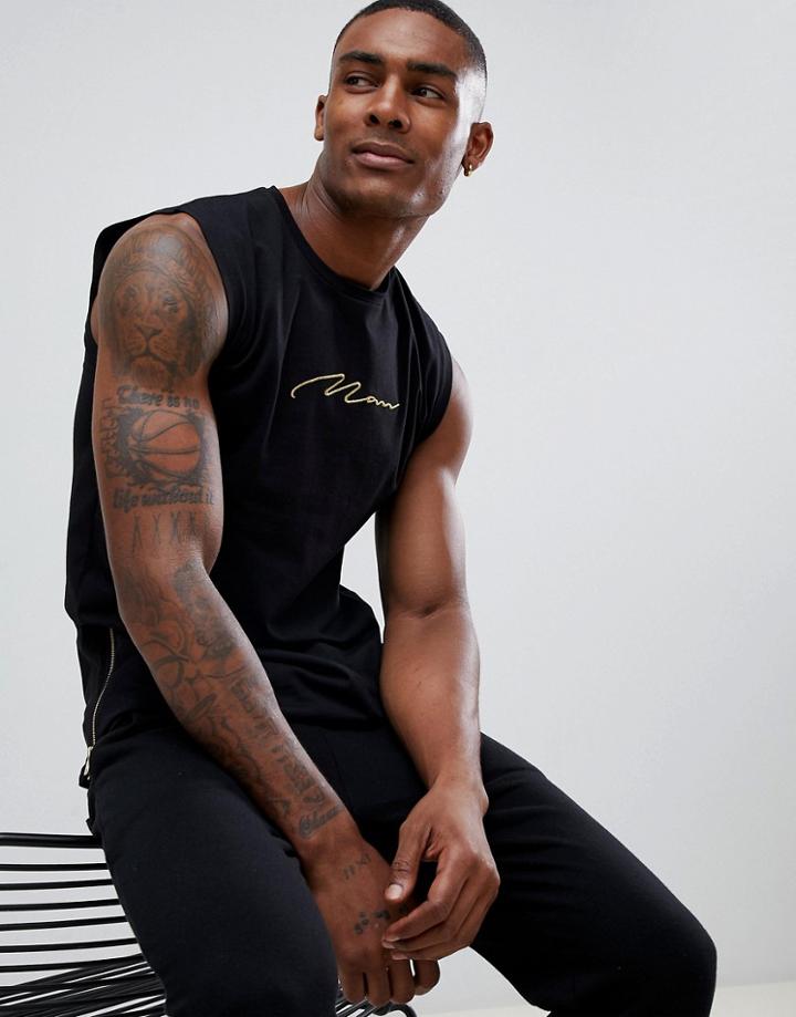 Boohooman Tank With Gold Man Embroidery In Black - Black