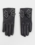 My Accessories London Gloves With Studded Bow Detail In Black Faux Leather