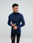 Asos Muscle Fit Long Sleeve T-shirt With Roll Neck In Navy - Navy