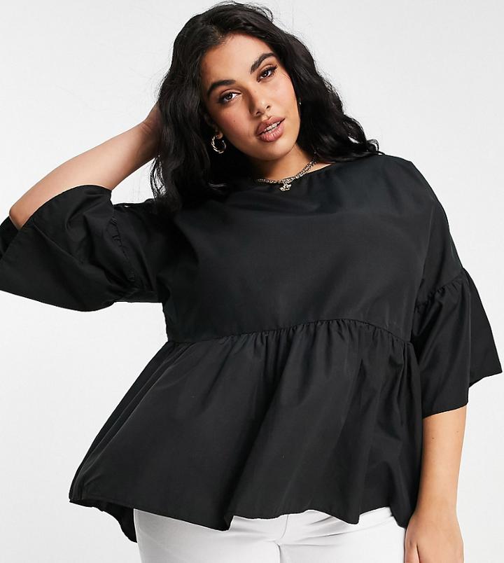Simply Be Smock Top With Frill Sleeves In Black