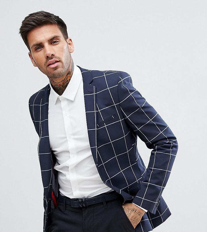 Asos Super Skinny Blazer In Navy Windowpane Check