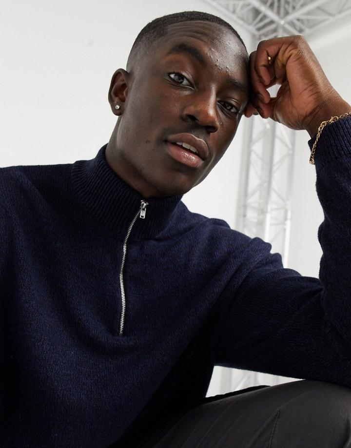 Asos Design Knitted Oversized Half Zip Sweater In Navy Twist