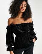 River Island Shirred Waist Velvet Bardot Blouse In Black