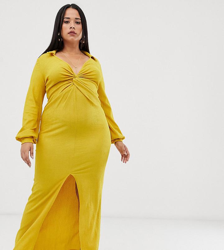 Asos Design Curve Textured Drape Shirt Maxi Dress With Knot Detail - Yellow