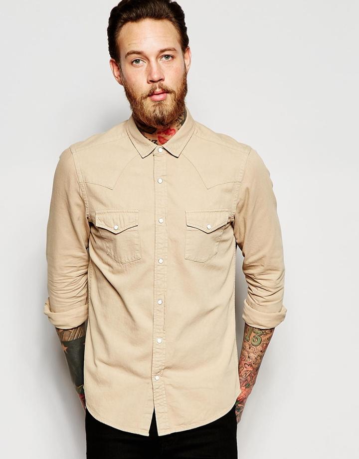 Asos Western Denim Shirt In Camel With Long Sleeves - Camel