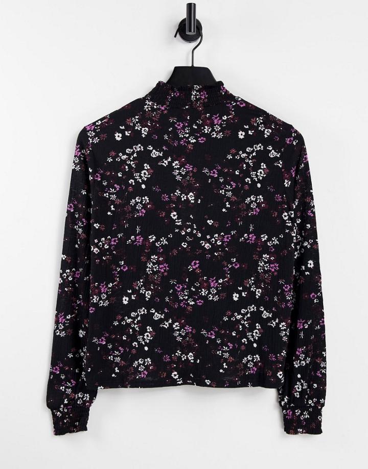Only Long Sleeve High Neck Top In Black Floral