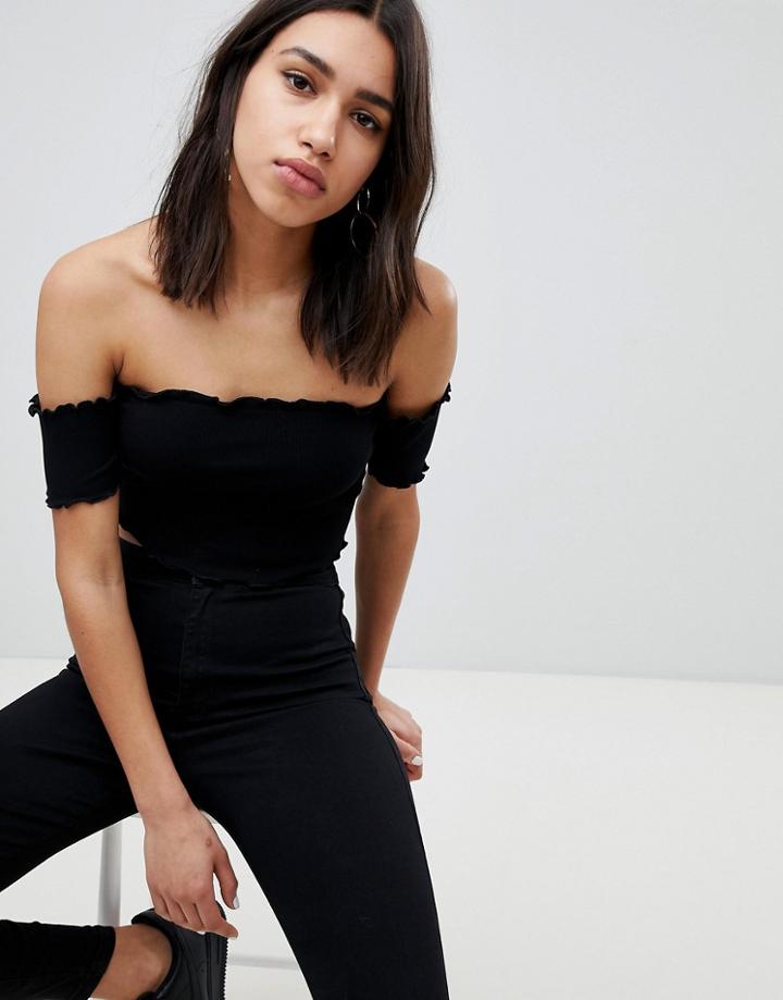 Asos Design Off Shoulder Lettuce Hem Crop Top - Black
