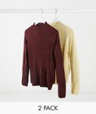 Asos Design 2 Pack Knitted Rib Turtleneck Sweater In Oatmeal & Burgundy-multi