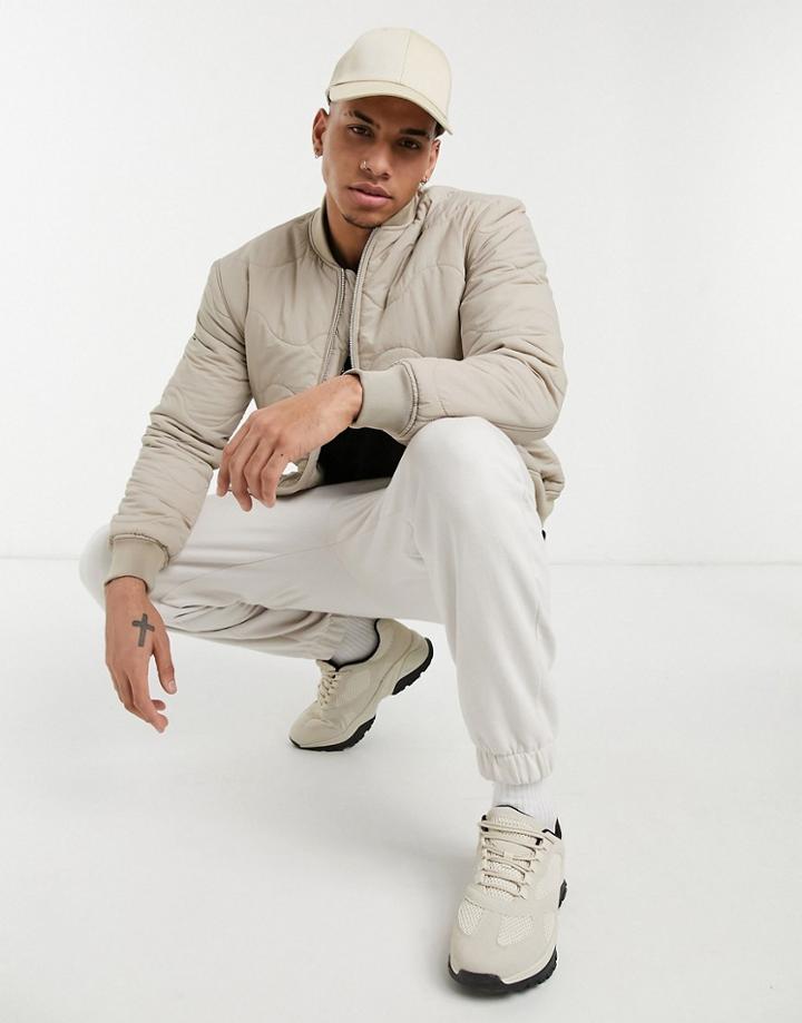 River Island Padded Bomber Jacket In Stone-neutral