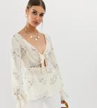 Na-kd Front Tie Floral Print Blouse In Beige-multi