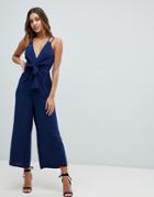 Asos Design Jumpsuit With Tie Front And Wide Leg - Navy