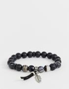 Asos Design Beaded Bracelet With Agate Stones And Feather Detail In Black-brown