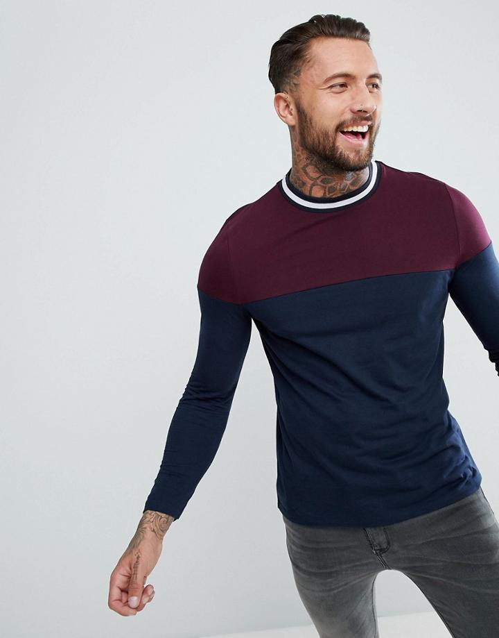 Asos Long Sleeve T-shirt With Contrast Yoke And Tipping - Navy