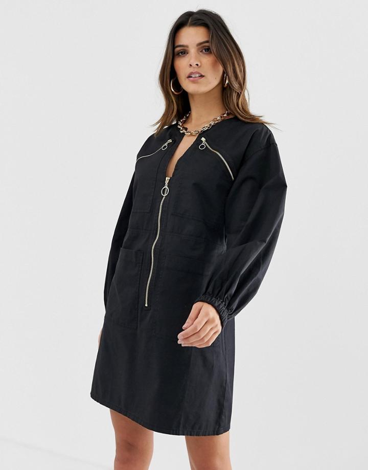 Asos Design Chuck On Utility Mini Shift Dress With Zips - Black