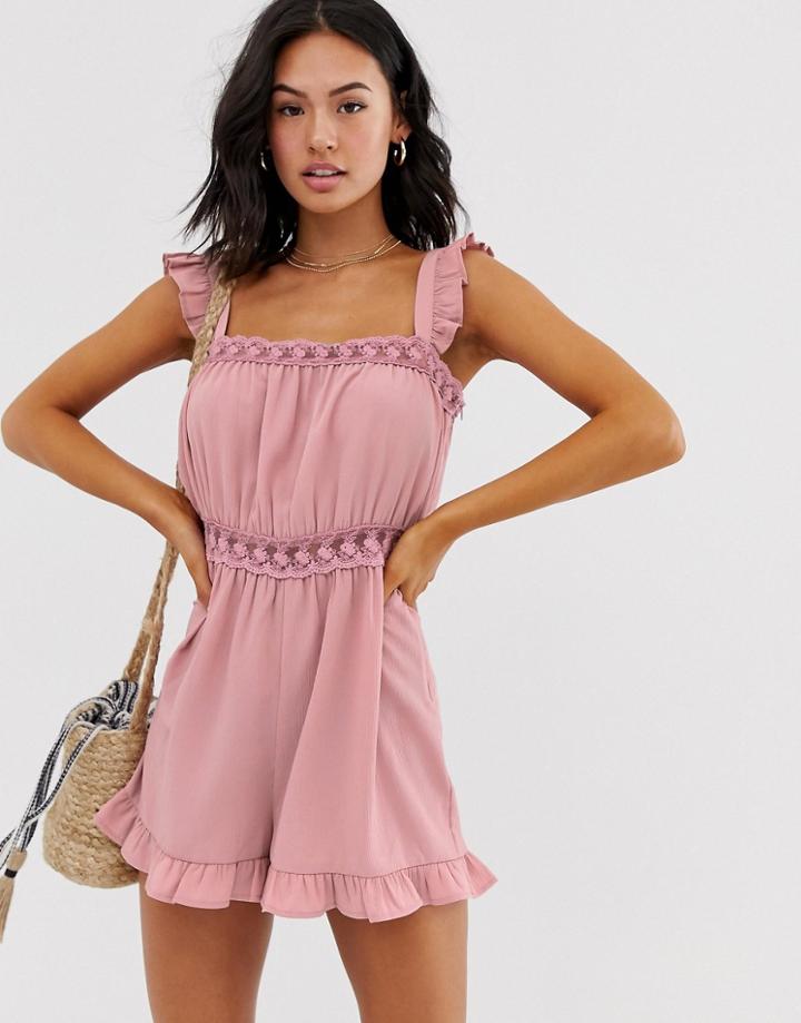 Asos Design Romper With Lace Trim And Ruffle Hem