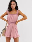 Asos Design Romper With Lace Trim And Ruffle Hem