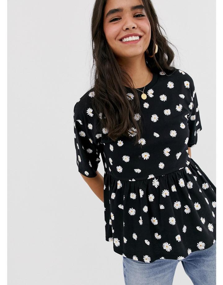 Asos Design Smock Top In Ditsy Print - Black