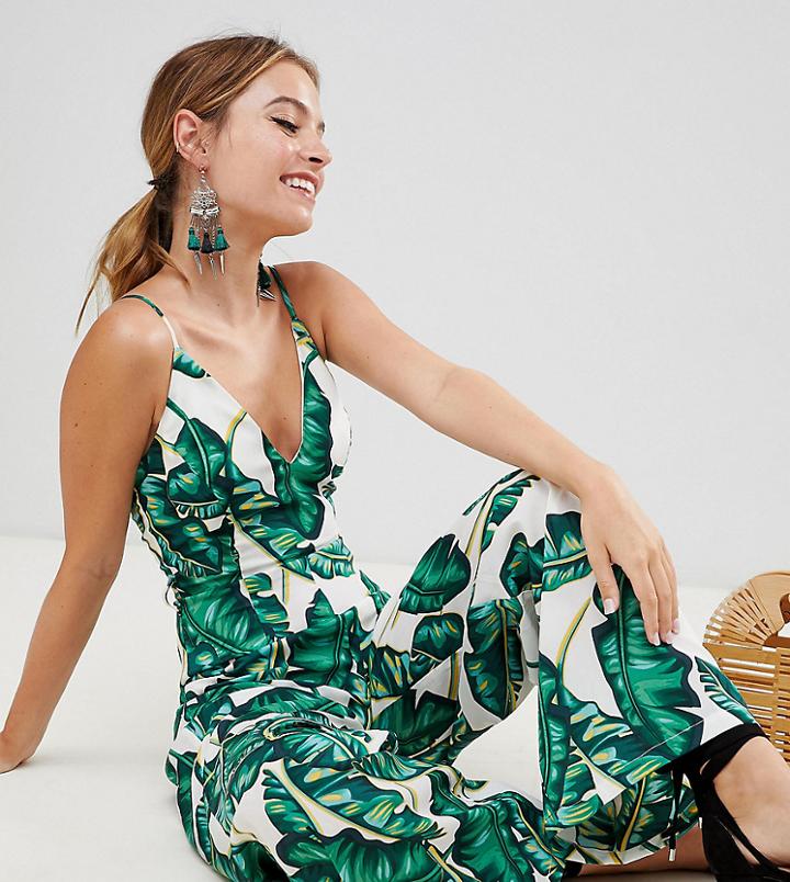 Missguided Petite Palm Print Wide Leg Jumpsuit - Green