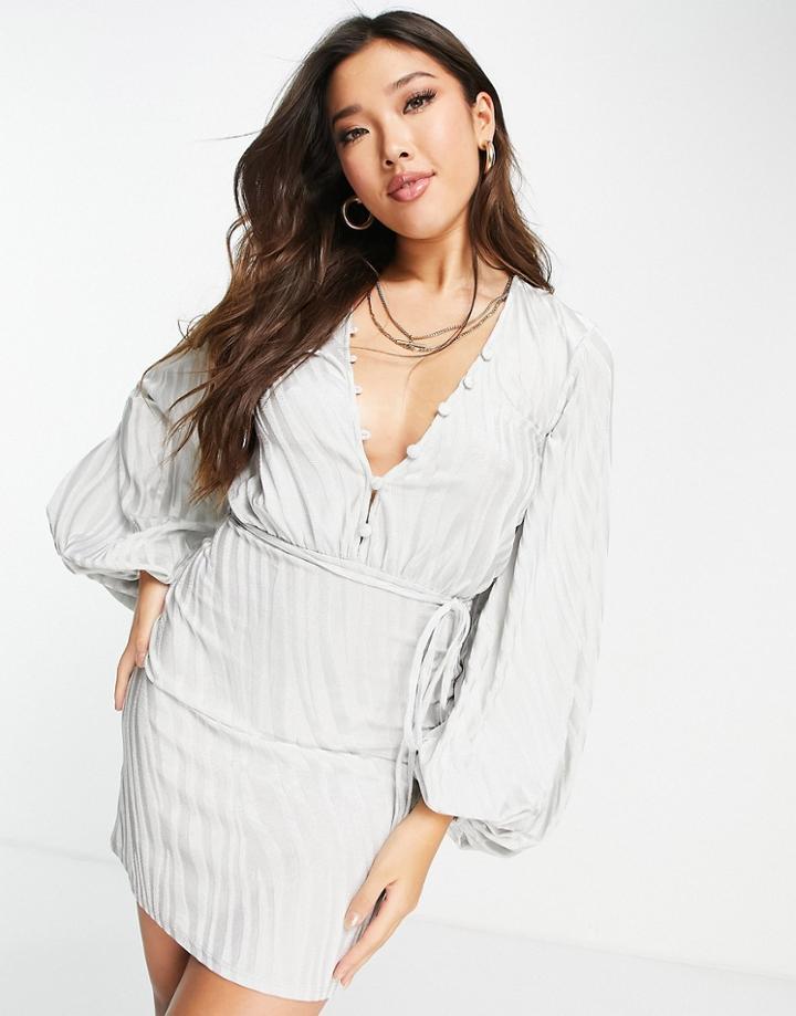 Asos Design Volume Sleeve Mini Dress With Tie In Gray Animal Jacquard-grey