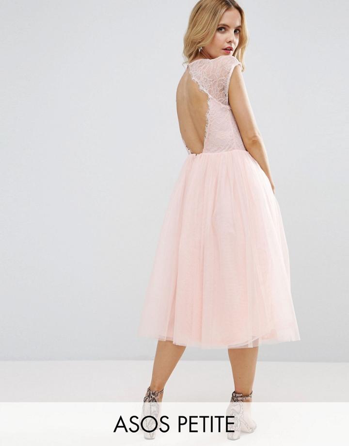 Asos Petite Premium Lace Tulle Midi Prom Dress - Beige