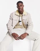 New Look Cord Jacket With Sherpa Collar In Stone-neutral